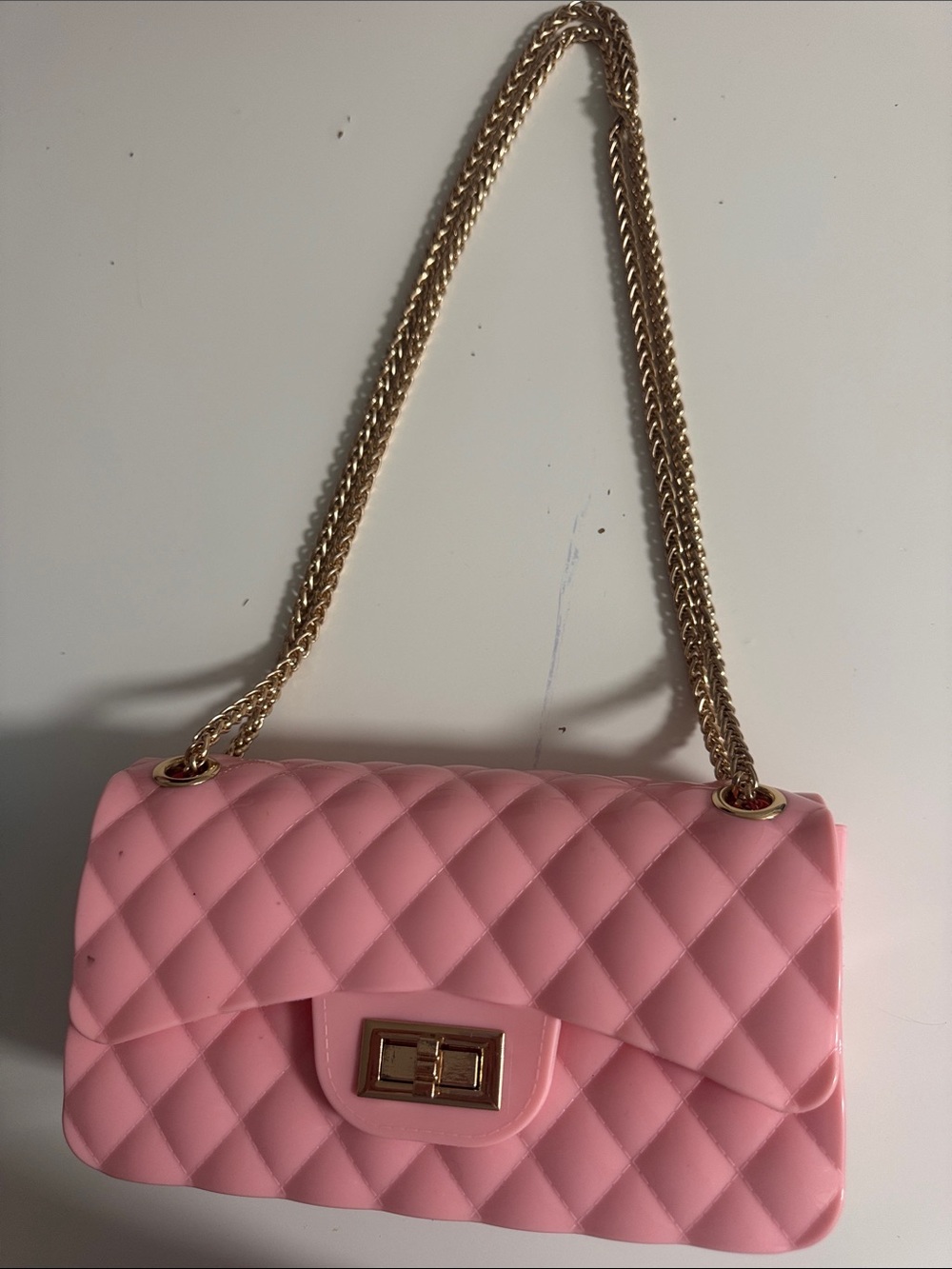 Quilted Pink Shoulder Bag with Gold Chain Strap